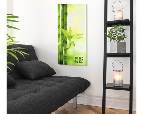 Wohnzimmer mit Bambusbild, Schlafcouch und Regal