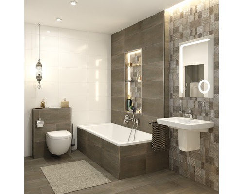 Modernes Badezimmer mit Badewanne, Waschbecken, Toilette und Fliesen in Braun- und Weißtönen