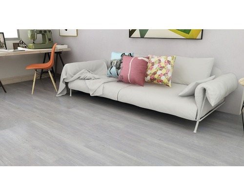 Wohnzimmer mit hellem Holzboden, Sofa und Schreibtisch