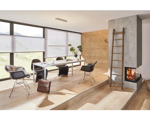 Heller Wohnraum mit Plissees, Esstisch, Stühlen und Kamin