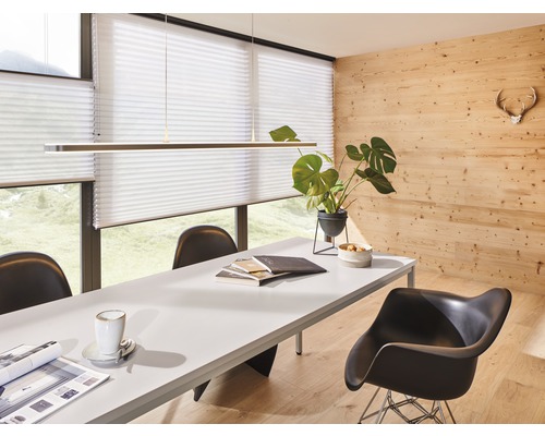 Innenraum mit Tisch, Stühlen, Pendelleuchte, Plissee-Fenstern und Holzverkleidung