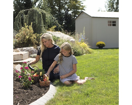 Mutter und Tochter ernten Gemüse im Garten mit Gartenhaus