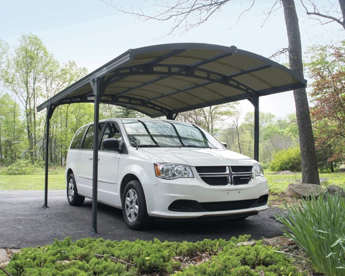 Einzelcarport PALRAM Atlas 5000 288x495 cm anthrazit-bronze Freistehendes Carport mit einem darunter geparkten Auto