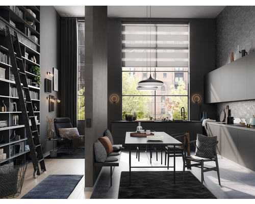 Wohnraum mit Bücherregal, Sitzbereich und Küchenzeile mit Esstisch