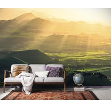 Wandbild mit Berglandschaft, Sofa, Teppich und Globus
