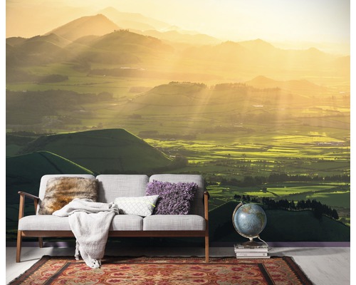 Wandbild mit Berglandschaft, Sofa, Teppich und Globus