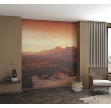 Wohnzimmer mit Fototapete, die eine Berglandschaft bei Sonnenuntergang zeigt.