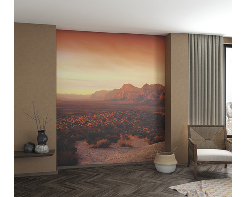 Wohnzimmer mit Fototapete, die eine Berglandschaft bei Sonnenuntergang zeigt.
