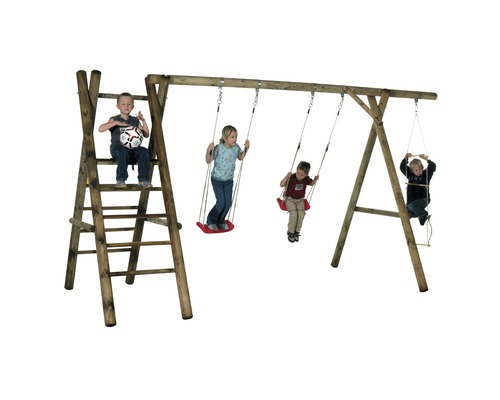 Holzschaukel mit Leiter und vier Schaukeln im Garten