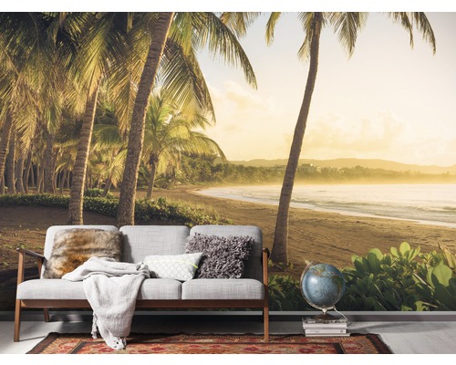 Wohnraum mit Fototapete, die einen tropischen Strand mit Palmen darstellt