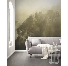Wohnzimmer mit Fototapete eines Waldes im Nebel, Sofa und Beistelltisch.
