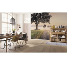Esszimmer mit Holztisch, Stühlen, Lampe und Wandbild mit Landschaftsmotiv.