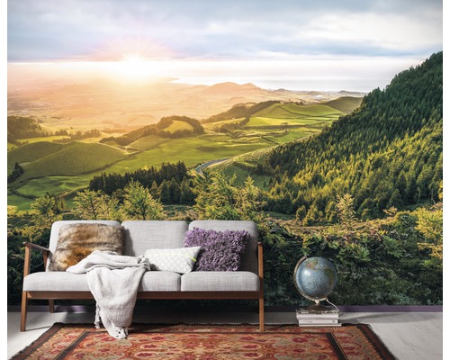 Fototapete mit Landschaftsmotiv hinter Sofa und Globus