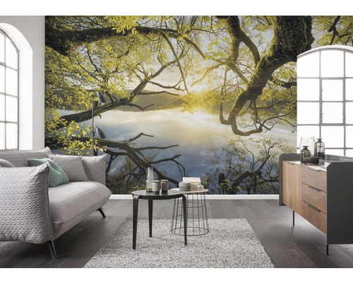 Wohnzimmer mit Fototapete mit Baum und See-Motiv
