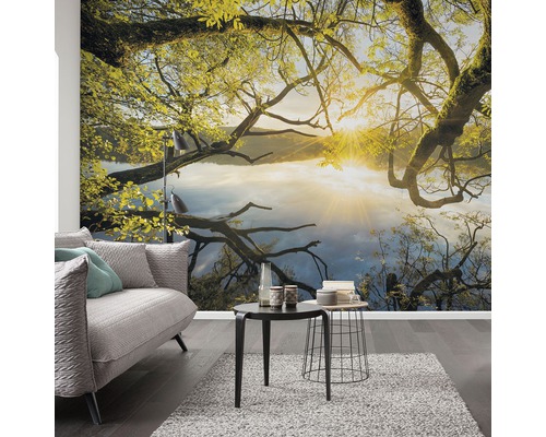Wohnraum mit Fototapete mit Baum und See Motiv