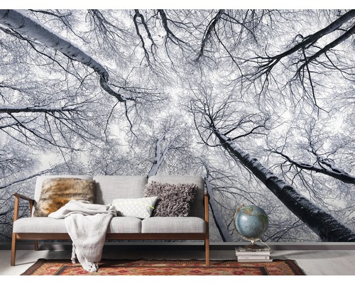 Fototapete mit Winterwaldmotiv im Wohnzimmer mit Couch und Dekorationen.