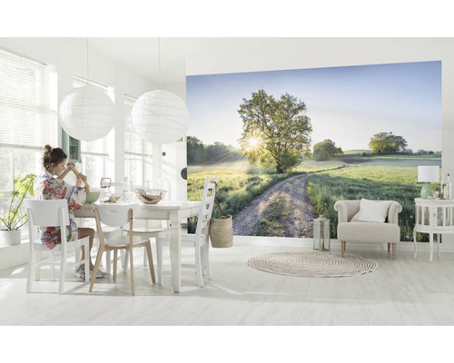 Helles Esszimmer mit Fototapete einer ländlichen Szene mit Baum und Feldweg