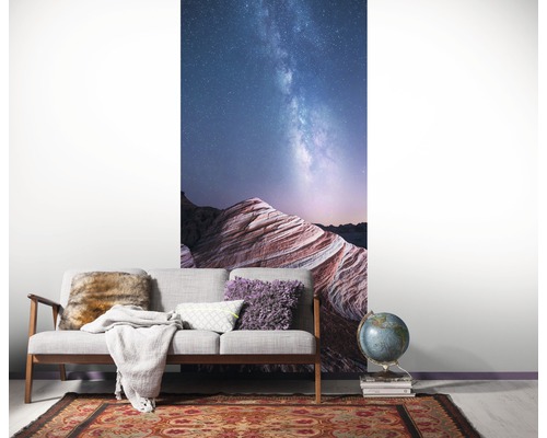 Wohnzimmer mit einer Fototapete mit einer Landschaft unter dem Sternenhimmel.