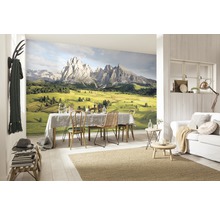 Wohnraum mit Fototapete eines Bergpanoramas, Esstisch, Sofa und Dekorationen
