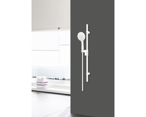 Duschset mit Brausestange an der Wand montiert in einem hellen Badezimmer.