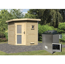 Saunahaus Karibu Rubin 1 inkl.9 kW Ofen u.ext.Steuerung mit Holztüre und Milchglas
