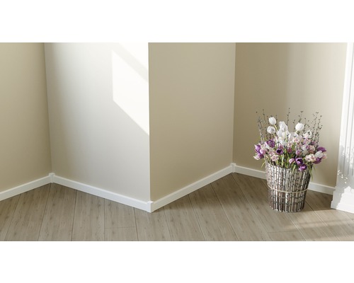 Zimmeransicht mit Holzfußboden, weißen Sockelleisten und Blumenarrangement in silberfarbenem Topf