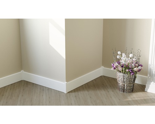 Raumecke mit weißen Sockelleisten auf Holzboden und Blumenarrangement.