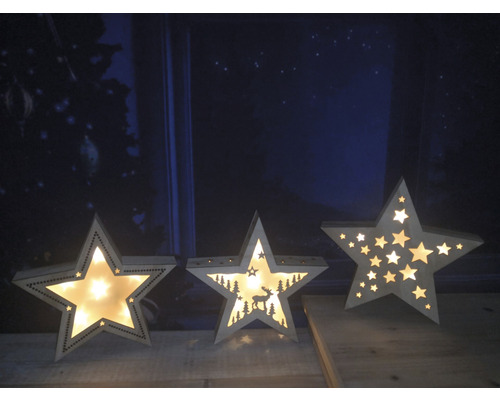 Dekorative Sternleuchten aus Holz mit verschiedenen Motiven