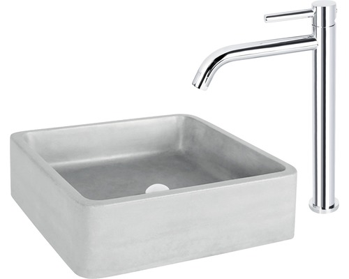 Eckiges Aufsatzwaschbecken aus Beton mit Armatur