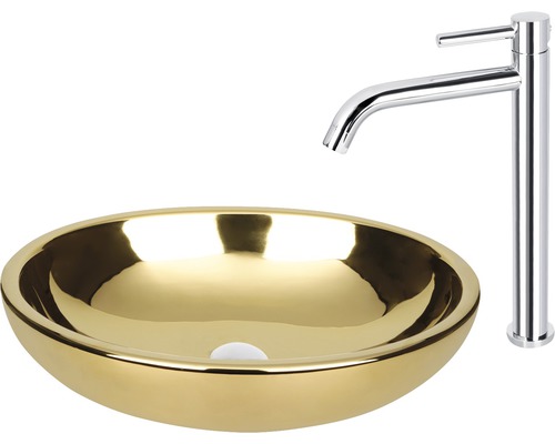 Aufsatzwaschbecken in Gold mit Armatur in Chrom