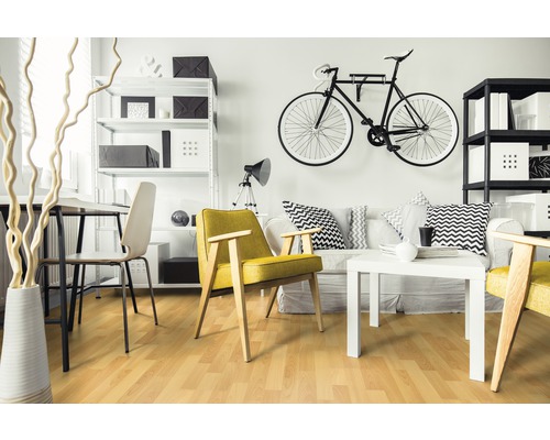 Wohnzimmer mit Laminatboden, Sofa, Sessel und Regalen