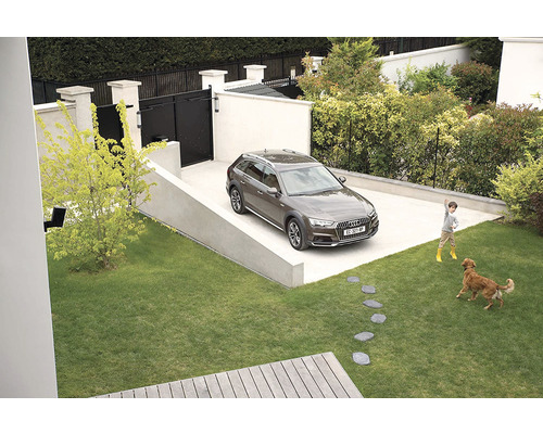 Einfahrt mit Auto, Garten, Kind und Hund