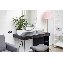 Helles Zimmer mit dunklem Schminktisch, Spiegel, Pflanze und Stuhl