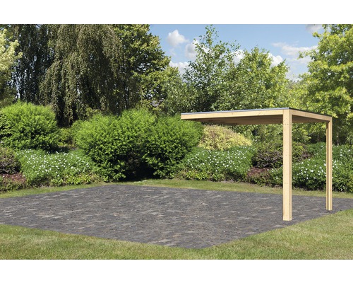 Anbaudach Karibu für Saunahäuser Zirkon 1 und Zirkon 2 200x304x248 cm Carport aus Holz im Garten mit Pflastersteinen