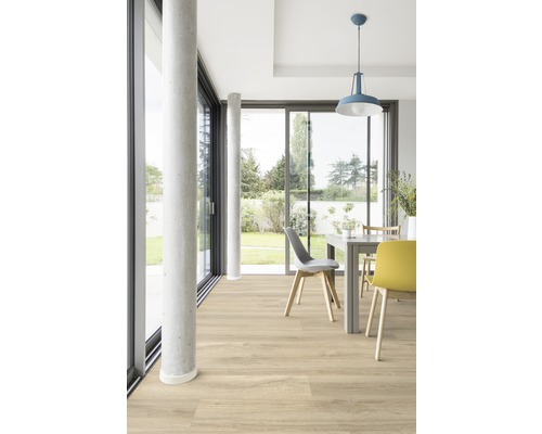 Heller Raum mit Bodenbelag in Holzoptik, Esstisch und Stühlen