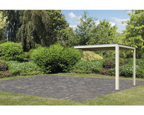 Anbaudach Karibu für Saunahäuser Zirkon 1 und Zirkon 2 200x304x248 cm elfenbein Freistehendes Carport im Garten mit Pflastersteinen