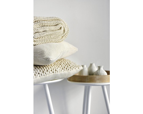 Dekokissen und Wolldecke auf Beistelltisch mit Vasen