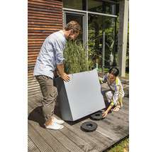 Personen platzieren einen grauen Pflanzkasten mit Pflanzen auf Pflanzenrollern auf einer Holzterrasse.