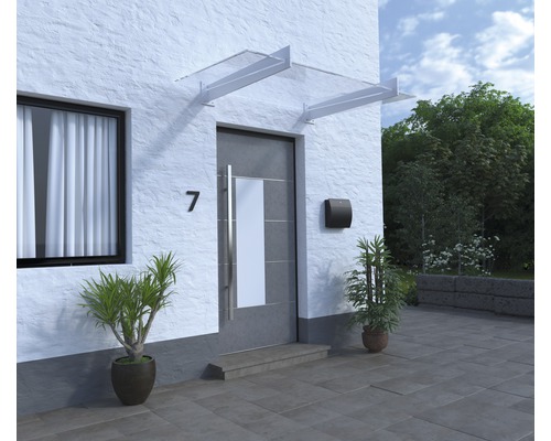 Hausfassade mit Haustür, Briefkasten, Vordach und Topfpflanzen