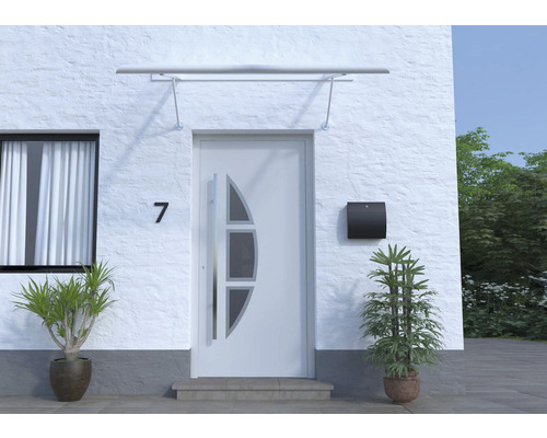 ARON Vordach Pultform Paris VSG 150x75 cm weiß inkl. Konsole R und Regenrinne beidseitig
