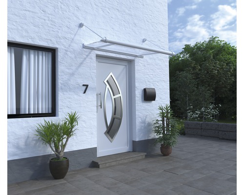 Außenansicht eines Hauses mit Haustürvordach, Haustür, Briefkasten und Pflanzen