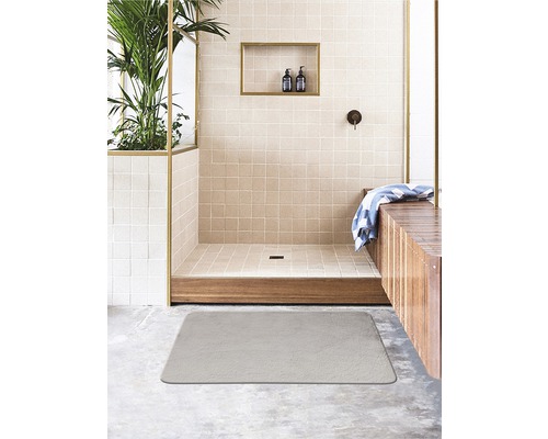 Badezimmer mit Dusche, Ablagefläche und Badteppich