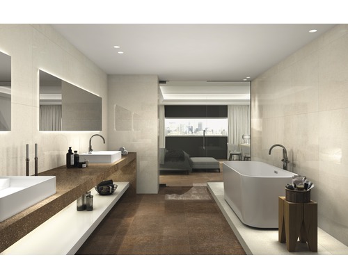 Modernes Badezimmer mit Doppelwaschbecken, Badewanne und Fliesen