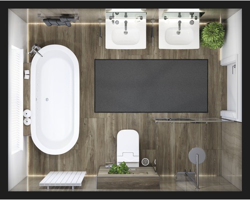 Ansicht von oben auf ein Badezimmer mit Badewanne, Waschbecken, Toilette und Dusche