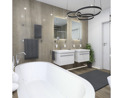 Badezimmer mit Badewanne, zwei Waschbecken mit Spiegeln und Handtüchern