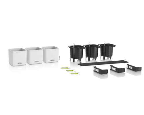 Pflanzkasten-Set mit Bewässerungssystem, bestehend aus Pflanzgefäßen, Wasserstandsanzeiger und Zubehör