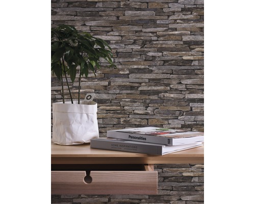 Wandverkleidung mit Steinoptik, Pflanze im Papierbeutel und Bücher auf einem Holzschreibtisch