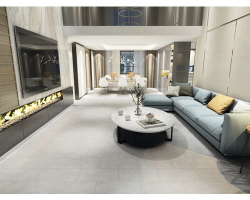 Helle und moderne Wohnzene mit Ecksofa, Couchtisch und Kamin