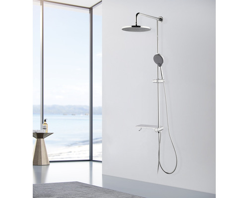 Duschsystem mit Kopf- und Handbrause an einer Duschstange mit Ablage