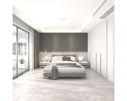 Vinyl-Fliese Dryback Brosa Monaco dunkelbeige zu verkleben 600x600x2 mm Helles Schlafzimmer mit Doppelbett, Nachttischen und Kleiderschrank